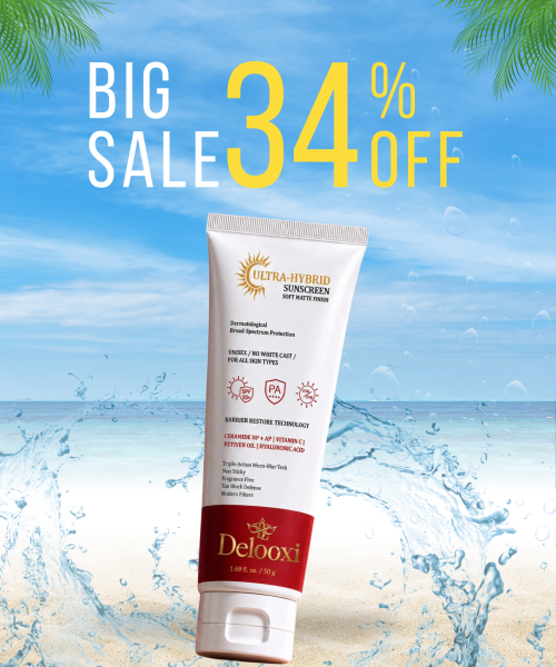 delooxi Ultra Hybrid Sunscreen SPF50+ PA++++ blue and yellow modern beauty skincare promo poster shop now