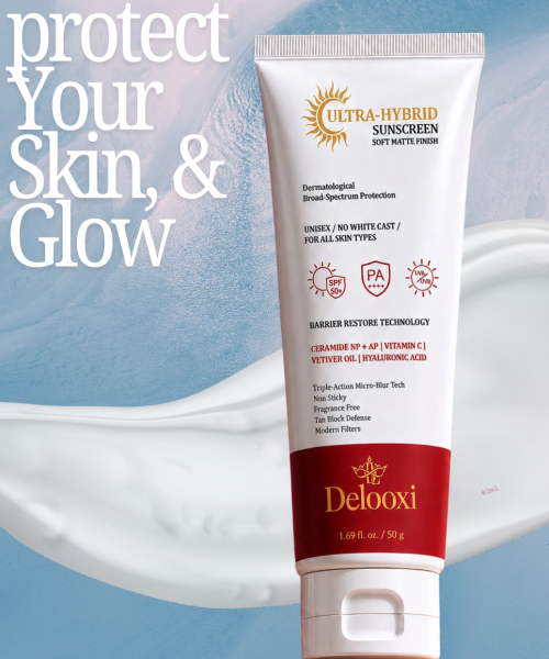 delooxi Ultra Hybrid Sunscreen SPF50+ PA++++ pink and blue modern skincare instagram post